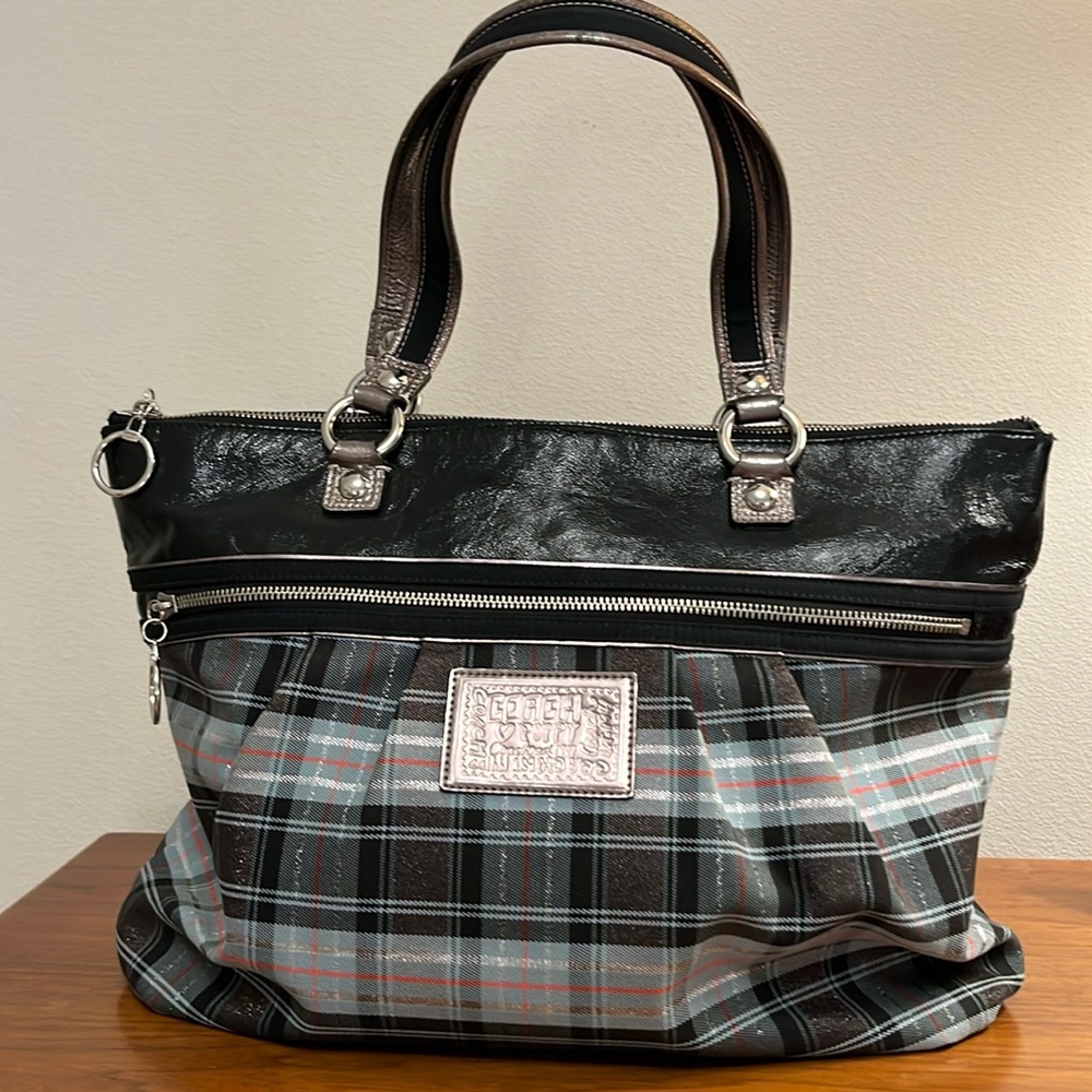 Coach Poppy Large Limited Edition Tartan Plaid Glam Tote Blue/Silver/Red 15886